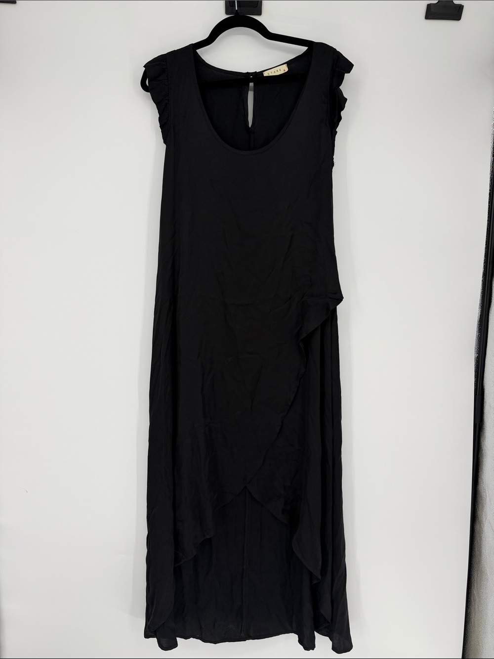 Stark X Black Rayon Maxi Dress Ruffle Sleeve Asymmetric Hem Women's Large US